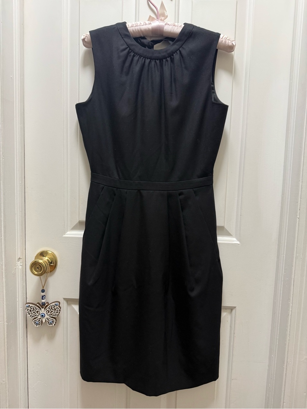 NWT J.Crew Black 100% Wool Sleeveless Tie-Neck Sheath Dress with Pockets Sz 0
